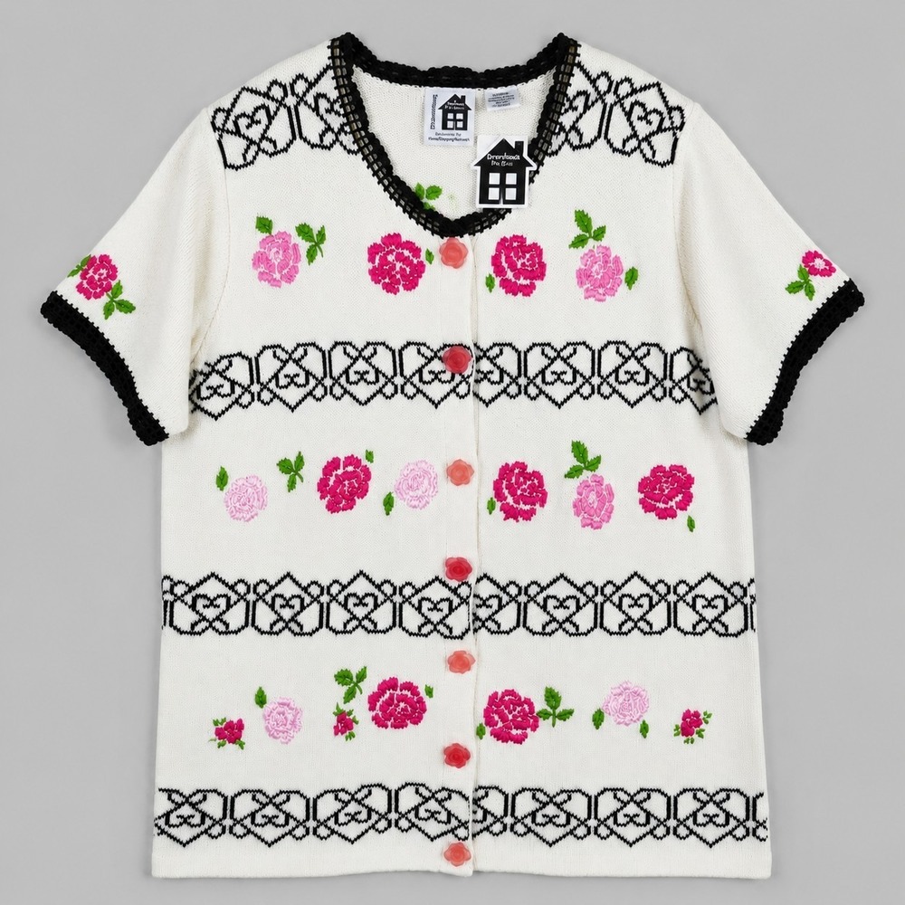 Vintage Storybook Knits Sweater Cardigan Rows Of Roses‎ Deadstock Beaded Rare